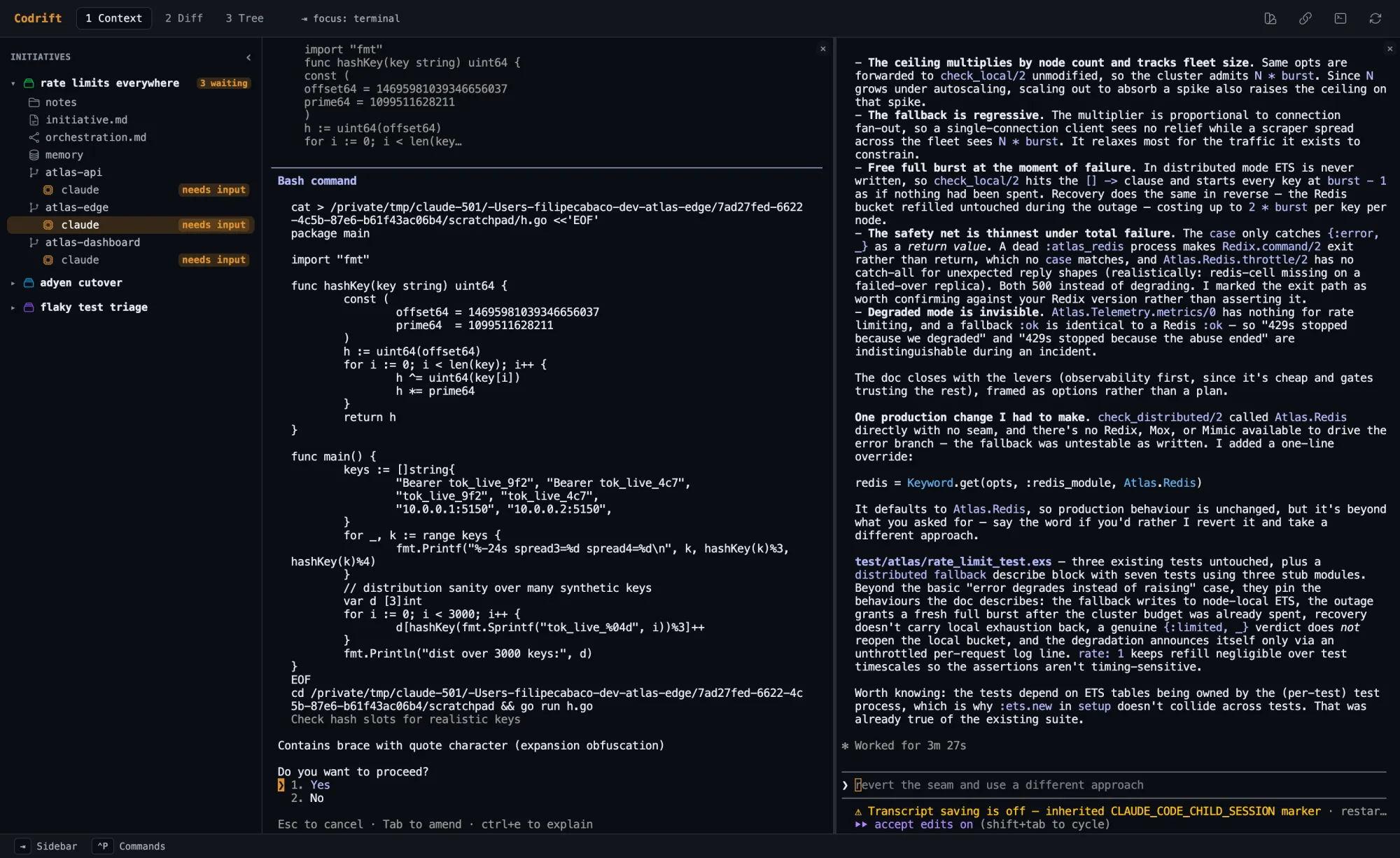 Two Claude Code agents running side by side in Codrift: the left pane is proposing a Go edit, the right has just finished writing a failure-modes document